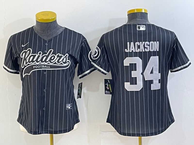 Women%27s Las Vegas Raiders #34 Bo Jackson Black Team Big Logo With Patch Cool Base Stitched Baseball Jersey->women nfl jersey->Women Jersey